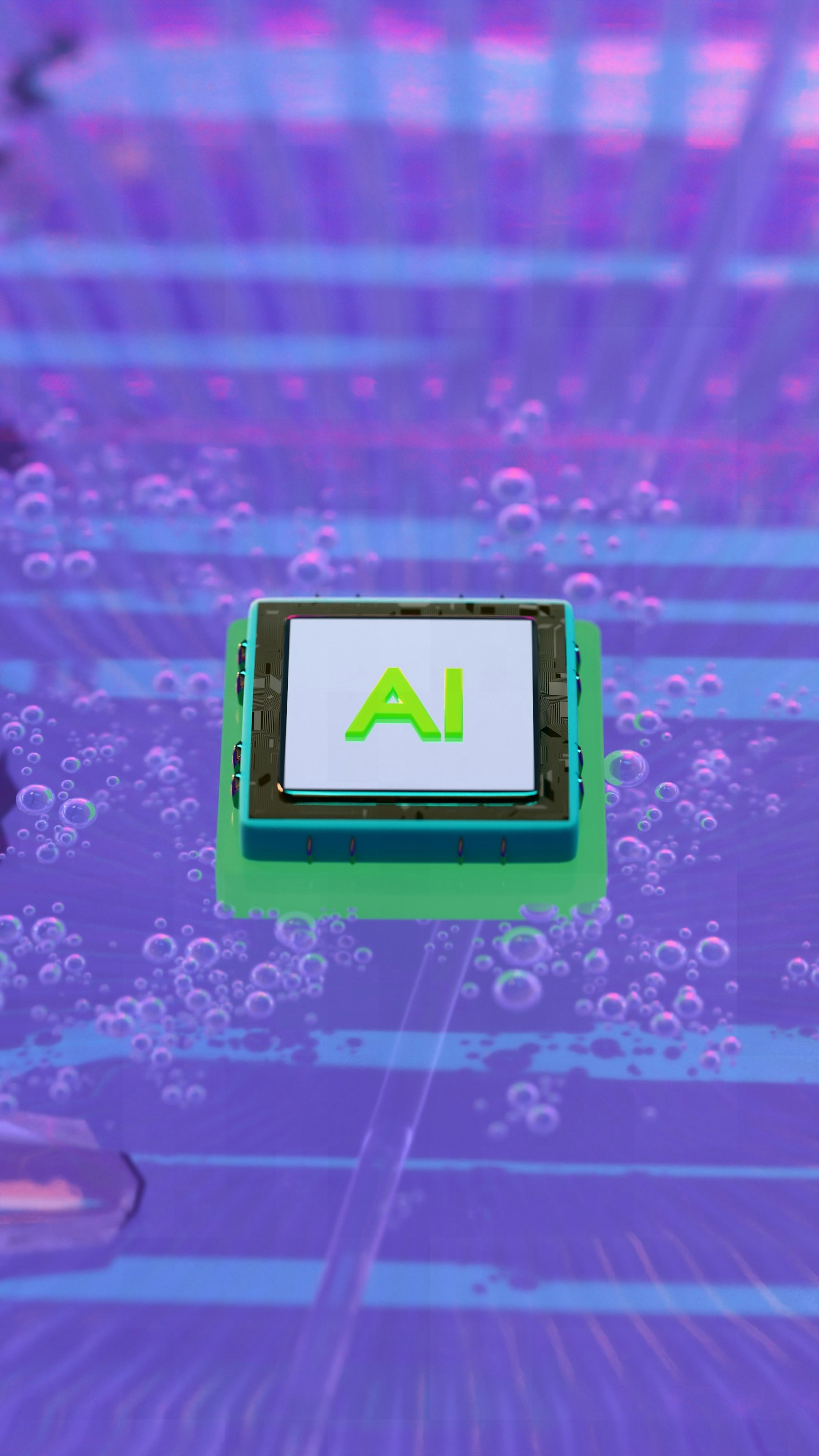 Futuristic AI microchip resting on a glossy reflective surface