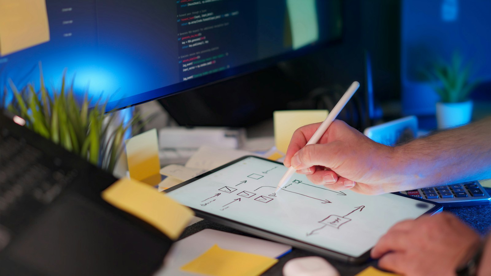 Designer sketching an app layout on a tablet at their desk