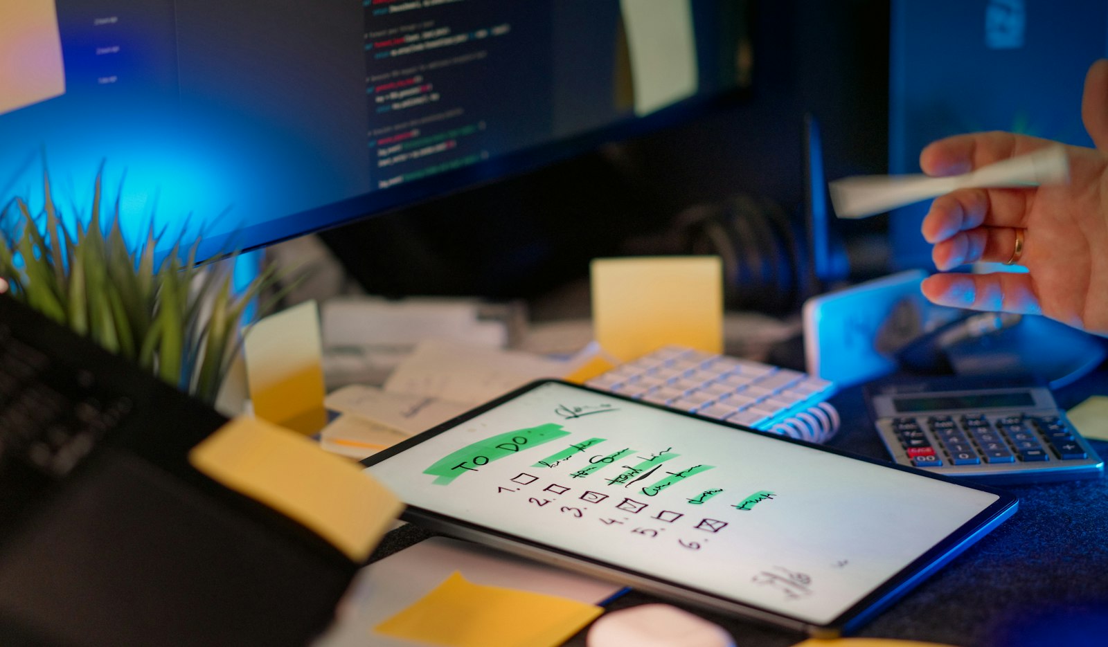 Developer working across multiple monitors in a dark office
