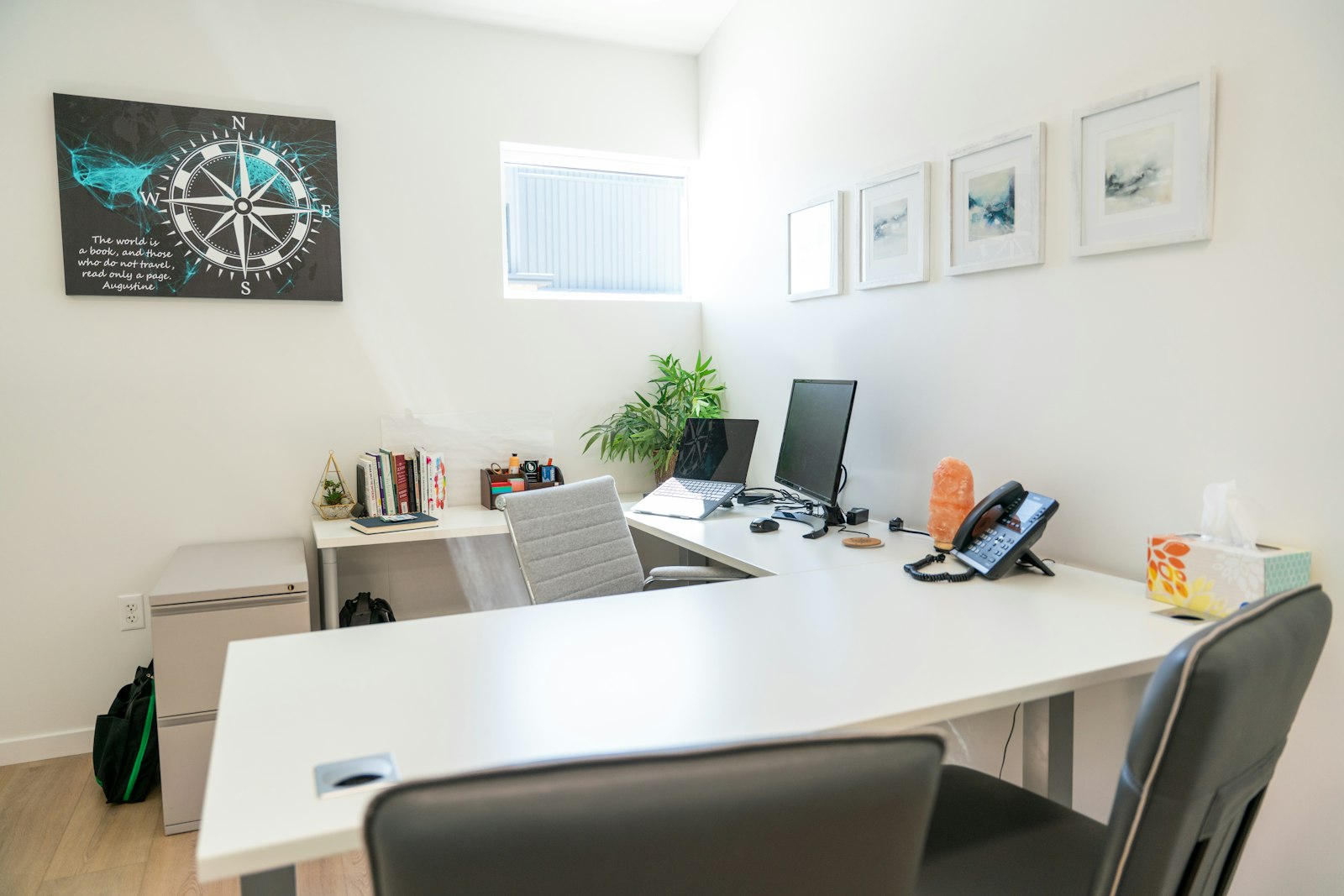 Modern office workspace with a desk and computer setup