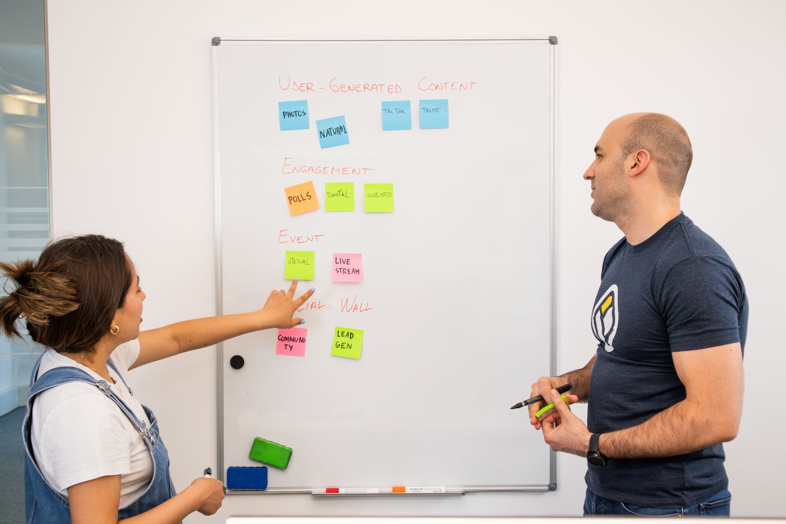 Colleagues standing by a whiteboard planning a strategy