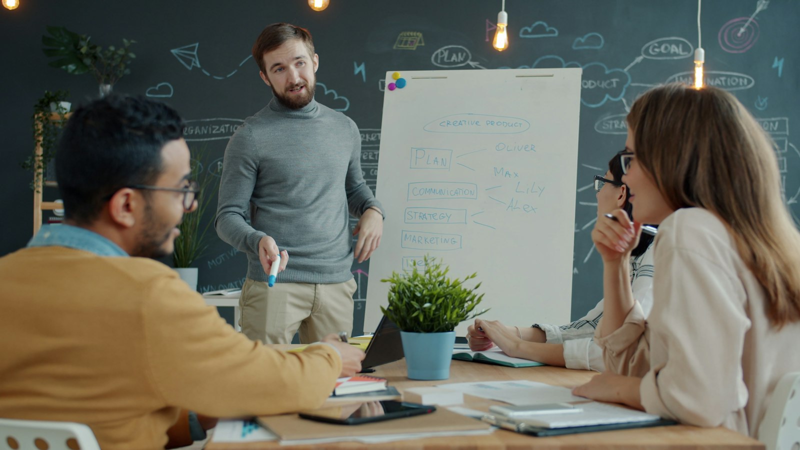 Founders mapping out product priorities during a whiteboard planning session