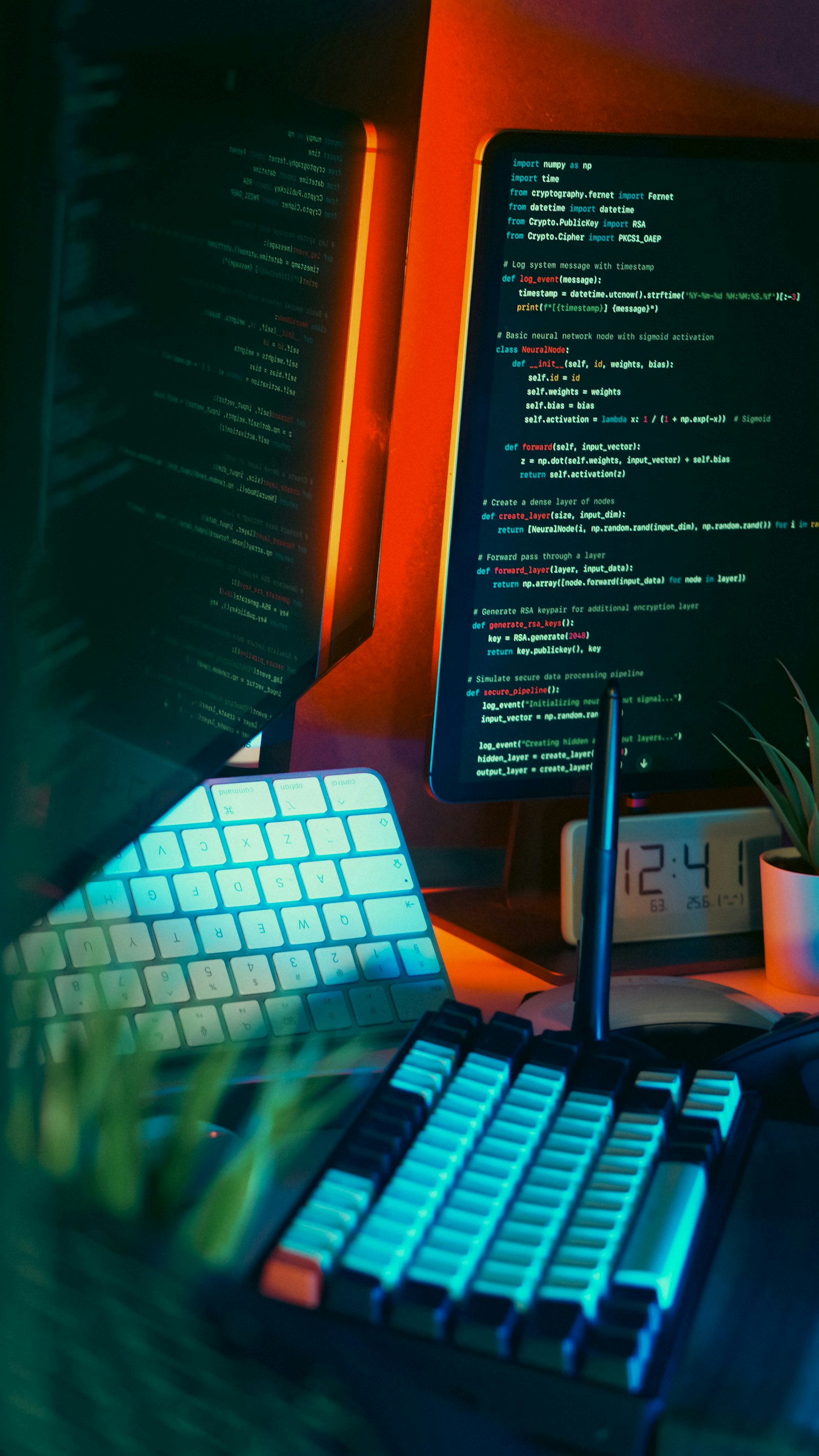 A coder's workspace filled with code on multiple screens and keyboards
