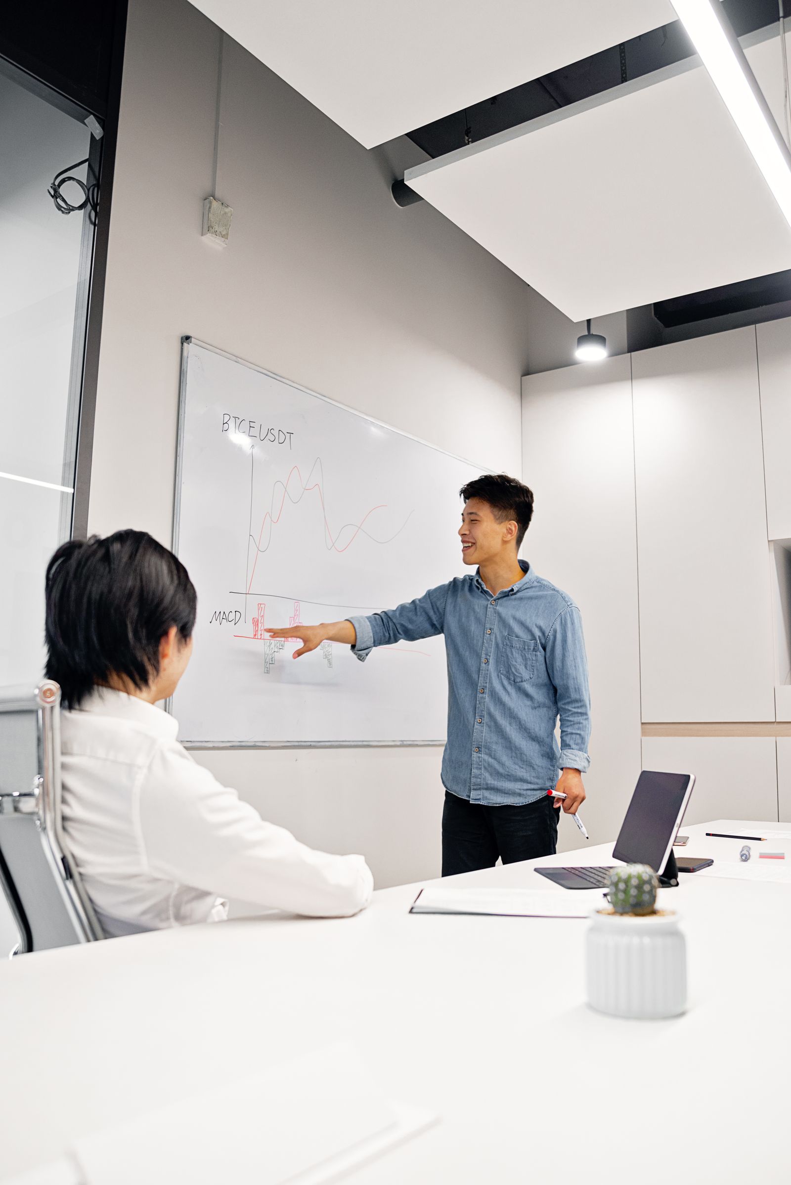 Man explaining a graph on a whiteboard